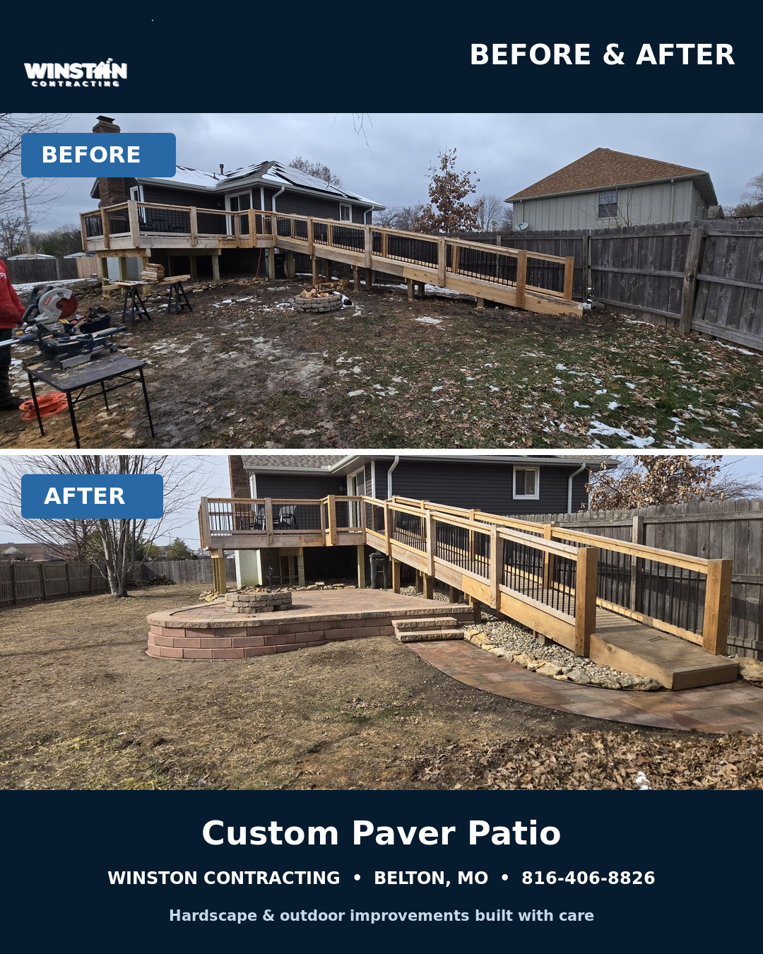 Before and after of a custom paver patio beneath a backyard deck