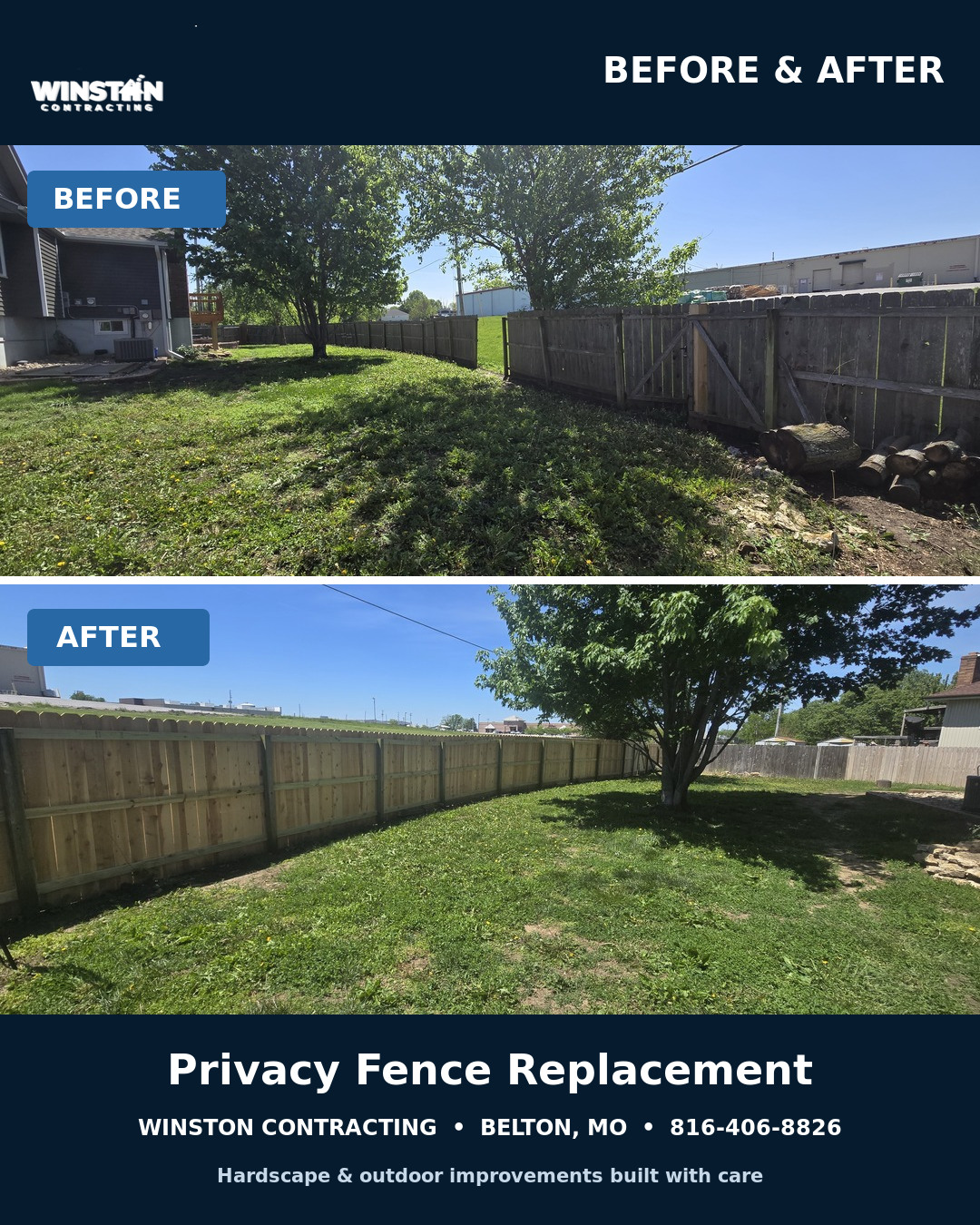 Before and after of a wooden privacy fence replacement