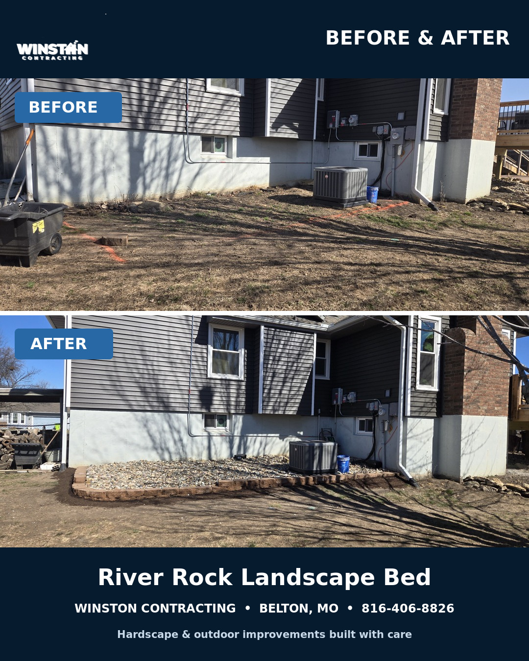 Before and after of a river rock landscape bed along a home