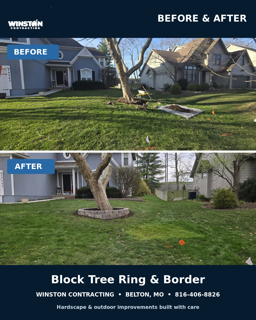 Before and after of a block tree ring and landscape border