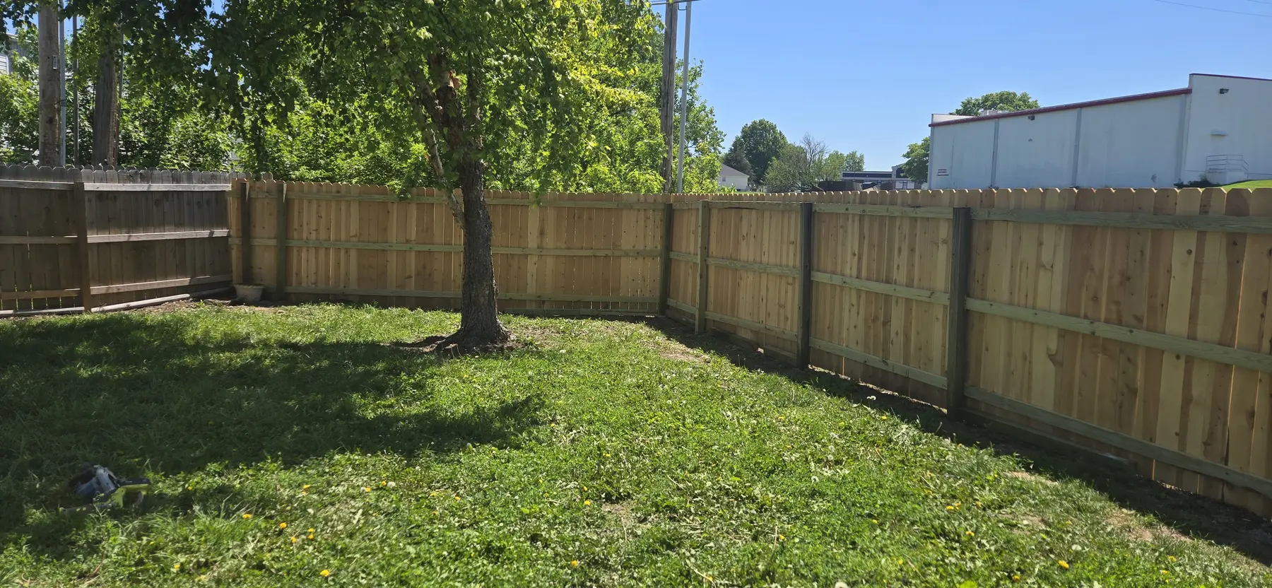 Wide view of completed cedar privacy fence in a Belton backyard